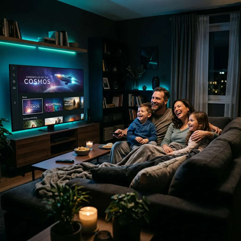 Família assistindo teste iptv na smart TV com alta estabilidade
